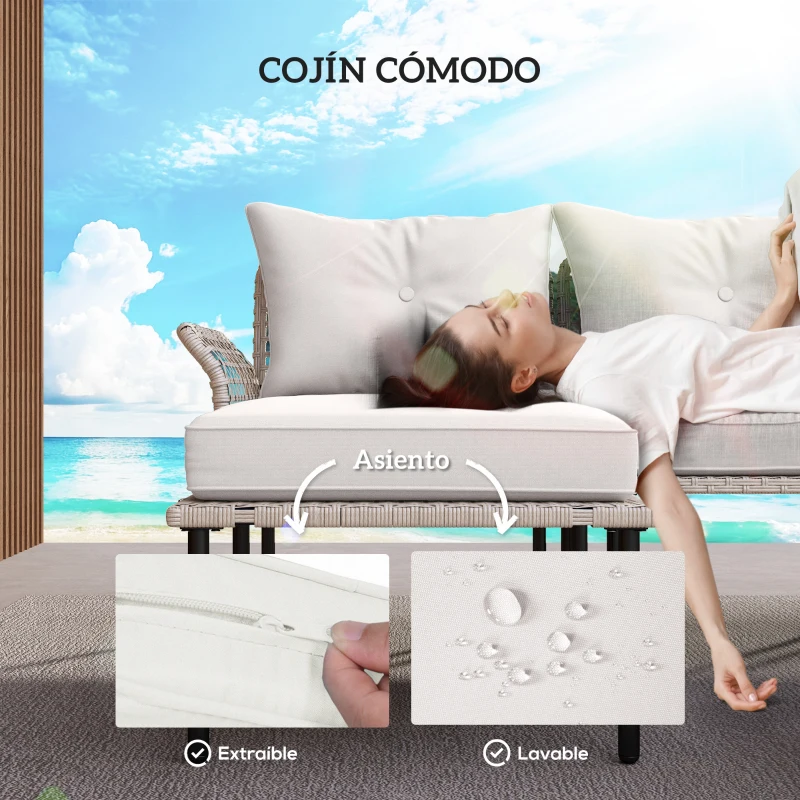 Outsunny Conjunto de Jardín de Ratán Sintético con Sofá de Exterior de 4 Módulos y 1 Mesa de Centro y Cojines Crema