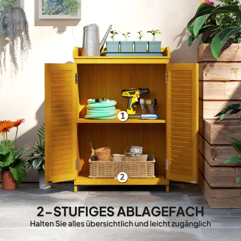 Outsunny Tuinkast van Hout met Werkoppervlak, Weerbestendige Gereedschapskast, 65,5x40x98,5cm Geel
