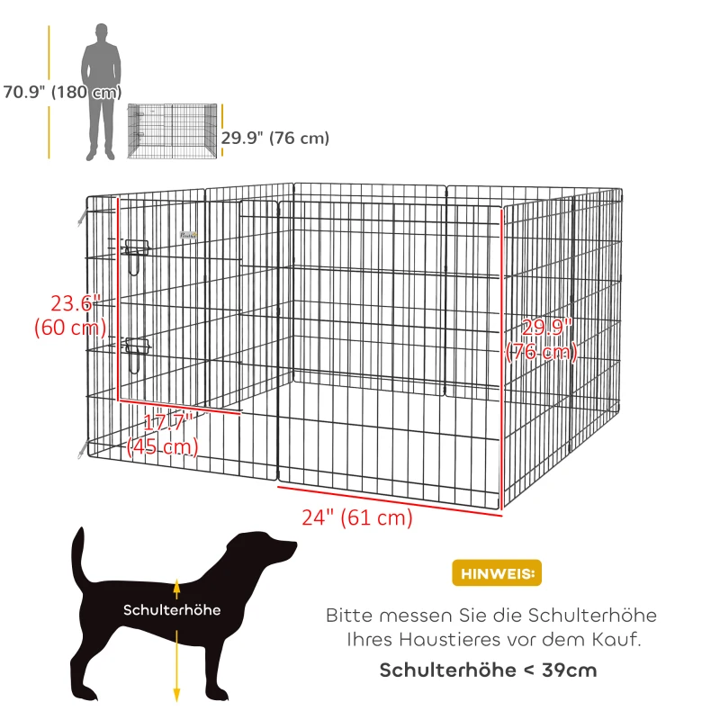 PawHut Haustierlaufstall, Spielgehege für Welpen und kleine Hunde, mit Tür, Indoor- und Outdoor-tauglich, 76 cm, Schwarz(m-3)