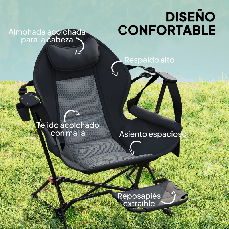 Outsunny 2 Mecedora Jardín Exterior con Reposapiés Reposacabezas Portavasos Bolsillos y Bolsa de Transporte Carga 120 kg Negro