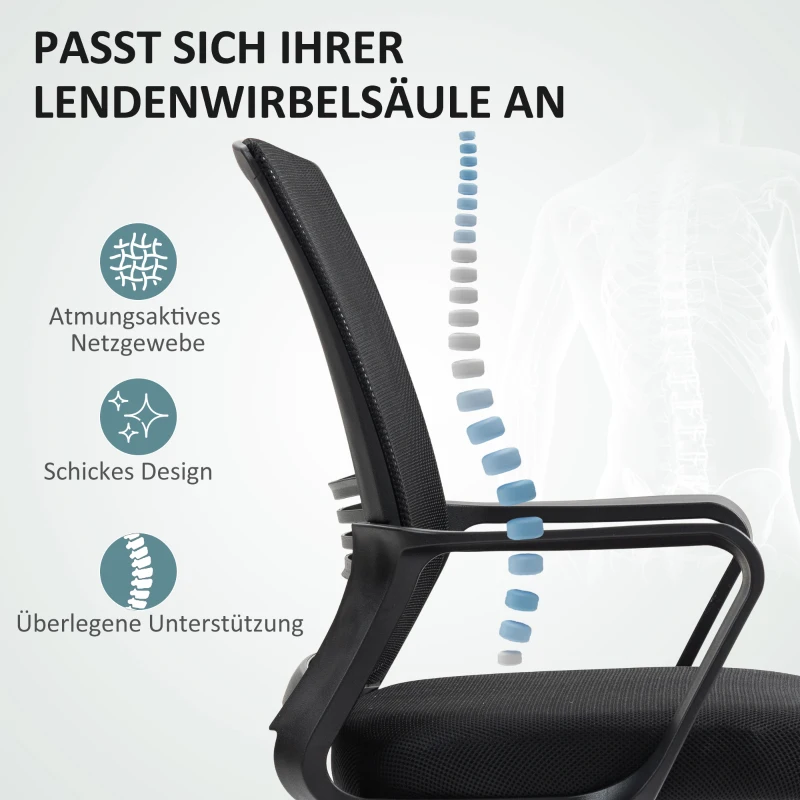 HOMCOM Bürostuhl, Drehstuhl, drehbarer Schreibtischstuhl, verstellbar, rollbar, Schwarz(m-6)