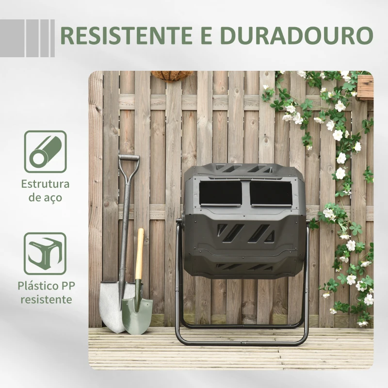 Outsunny Compostor de Tambor Giratório de 160L com Dupla Câmera e Ventilação para Resíduos Orgânicos 71x64x92 cm Preto e Verde