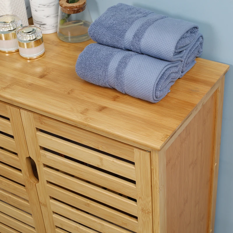 kleankin Badezimmerschrank, Bambusschrank mit Lamellendesign für Badezimmer, Flur, kompakte Größe, viel Stauraum, Naturholz(m-8)