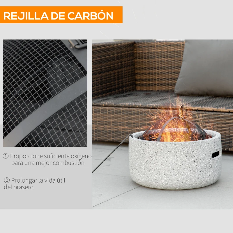 Outsunny Brasero Exterior Redondo de Metal para Madera con Atizador Pantalla Antichispas Rejilla y Manija Ø45x34 cm Gris