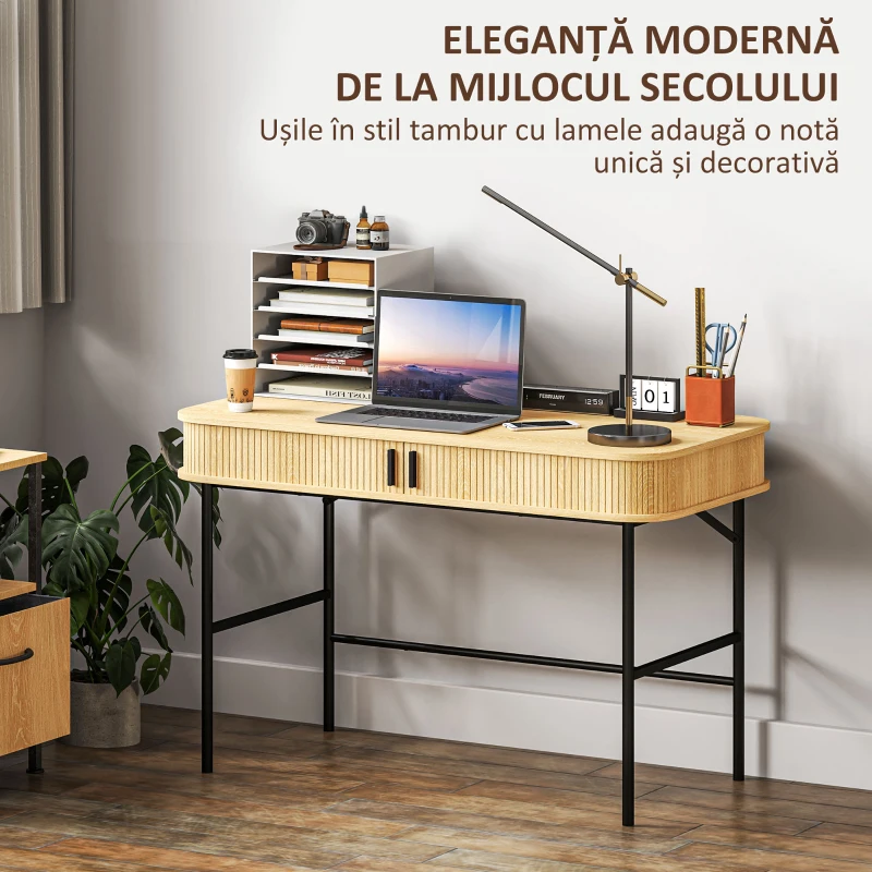 HOMCOM Birou cu Uși Canelate în Stil Contemporan, Birou pentru PC din Lemn și Oțel, 120x60x76,5 cm, Lemna Natural