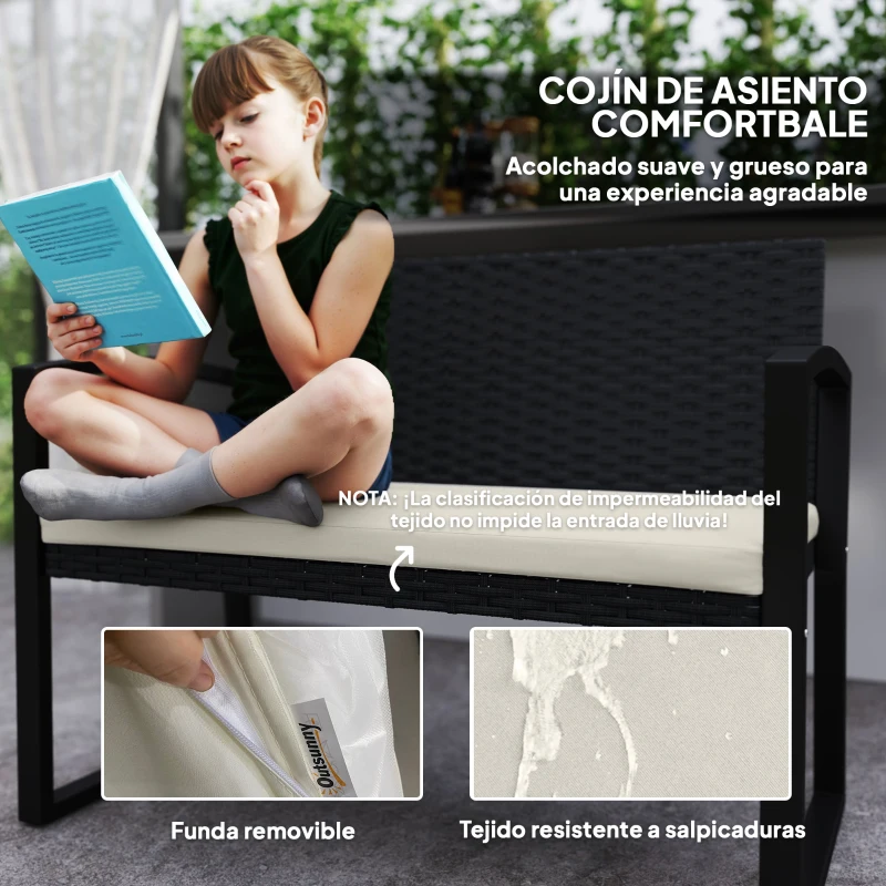 Outsunny Banco de Ratán Sintético para 2 Personas 103x58x78 cm con Cojín Respaldo Inclinado y Estructura de Acero Galvanizado