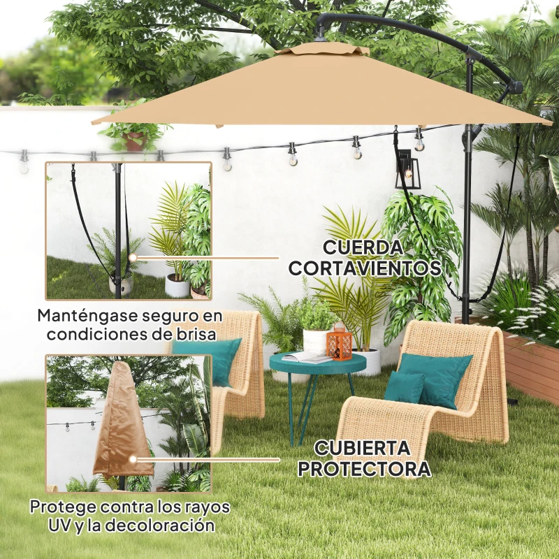 Outsunny Parasol de Jardín Excéntrico Sombrilla con Funda para Sombrilla Protección UV 50+ y Base Cruzada Ø290x243 cm Caqui