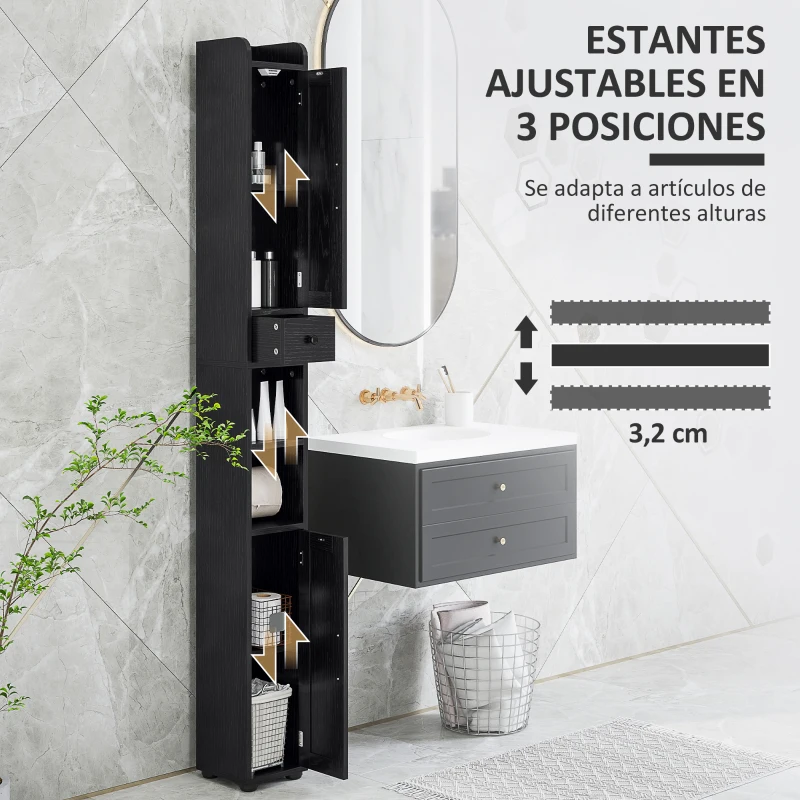 HOMCOM Columna de Baño con 2 Puertas Compartimento Abierto Estantes Ajustables y Portarrollos 20x20x185 cm Negro