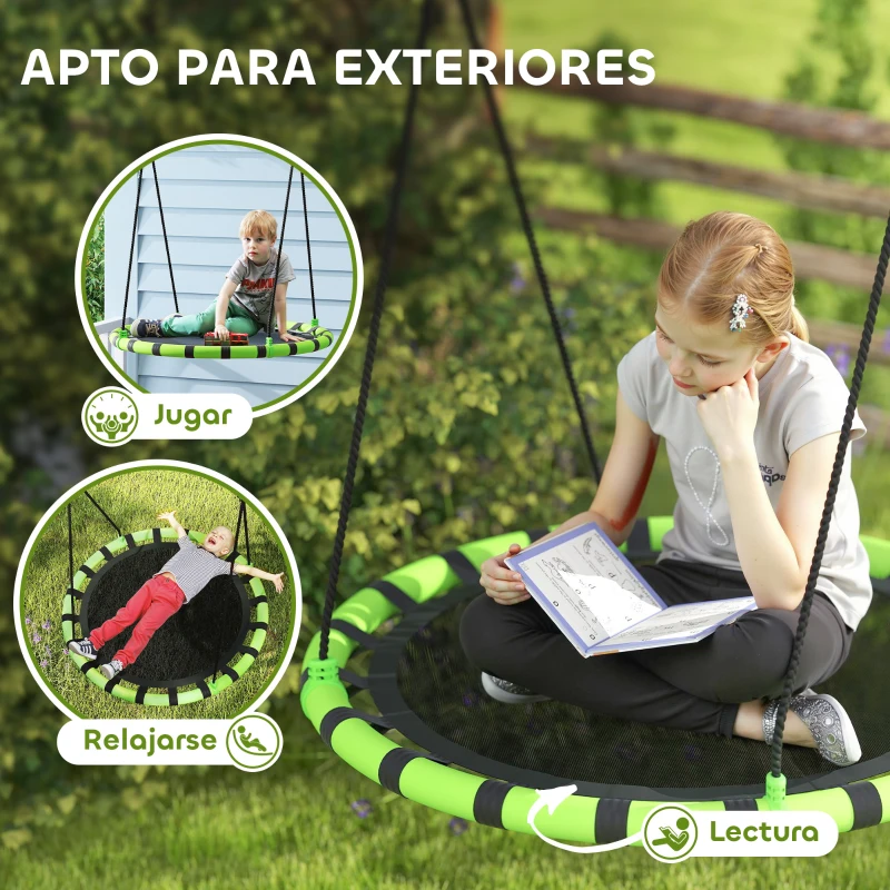 AIYAPLAY Columpio Infantil Redondo de 100 cm para Jardín con Altura Ajustable y Soporte de 150 kg Ø100x180 cm Negro y Verde