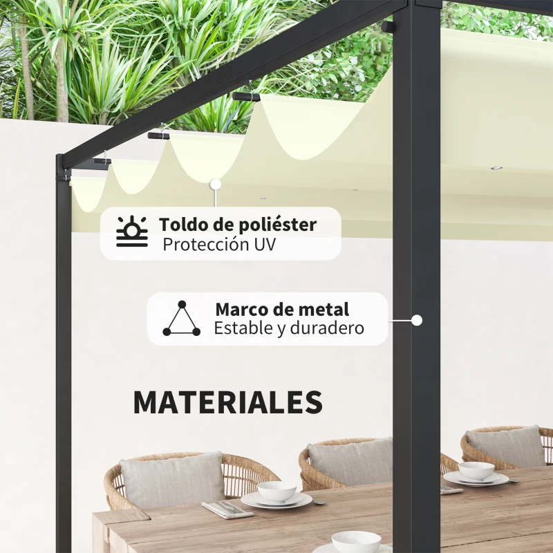 Outsunny Pérgola de Jardín 4x3m Cenador de Techo Retráctil de Poliéster Recubrimiento Resistente para Celebraciones Crema