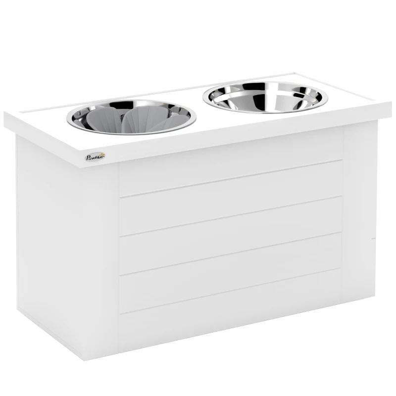 PawHut Raised Dog Bowls w/ Slow Feeder Mat, Storage Cabinet, Three Stainless Steel Bowls, Semi Auto Dispenser Function, White