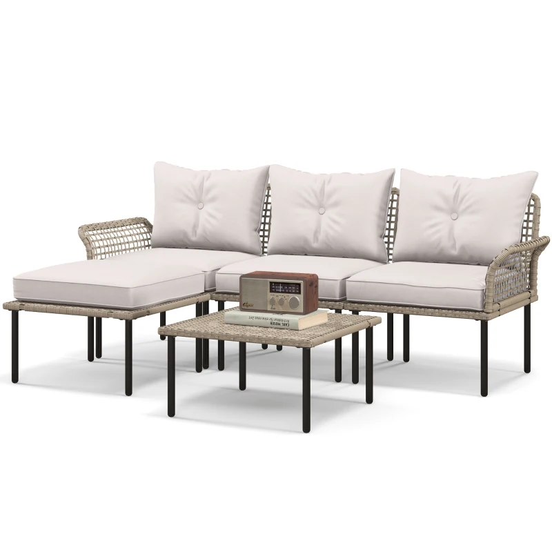 Outsunny Conjunto de Jardín de Ratán Sintético con Sofá de Exterior de 4 Módulos y 1 Mesa de Centro y Cojines Crema