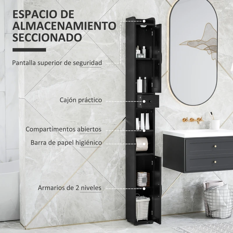 HOMCOM Columna de Baño con 2 Puertas Compartimento Abierto Estantes Ajustables y Portarrollos 20x20x185 cm Negro