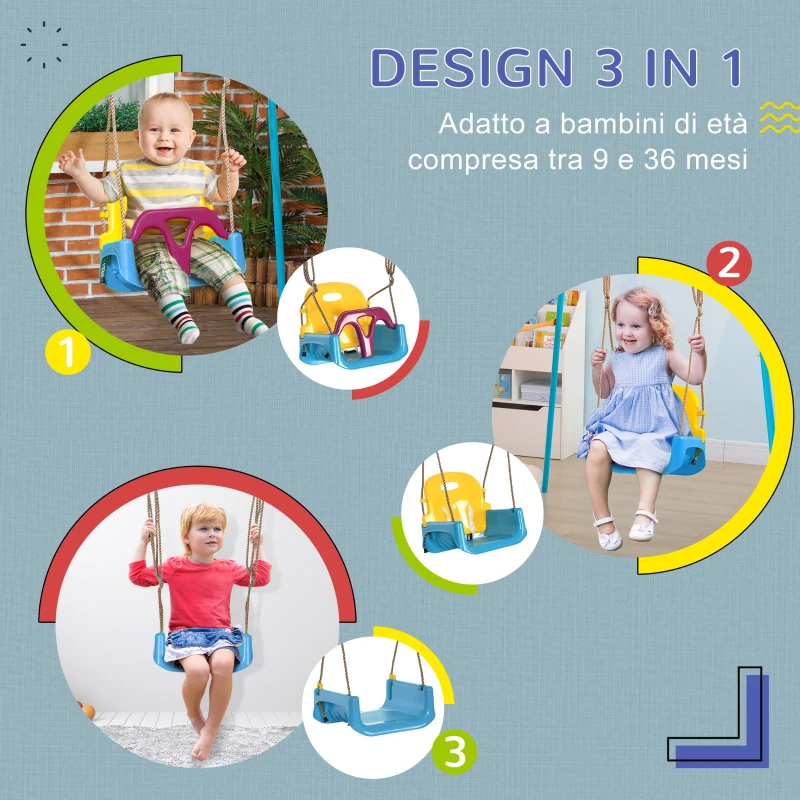 Outsunny Altalena Bambini 3 in 1 da Interno ed Esterno, Corda Regolabile e Cintura di Sicurezza, Età 9-36 Mesi, Blu