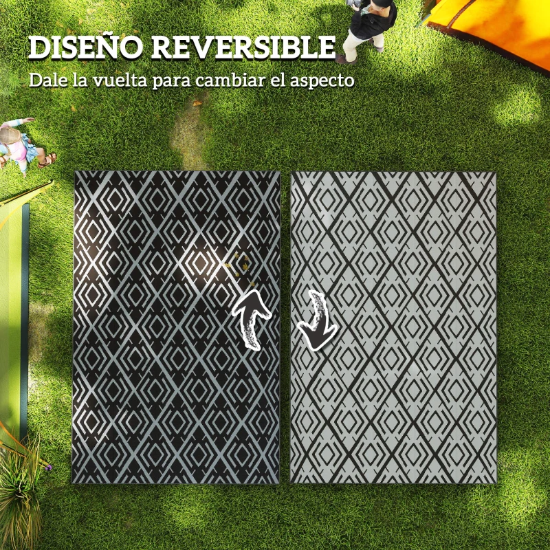 Outsunny Alfombra de Exterior Reversible 182x274 cm con Patrón Geométrico de Rombos Impermeable Bolsa de Transporte Negro