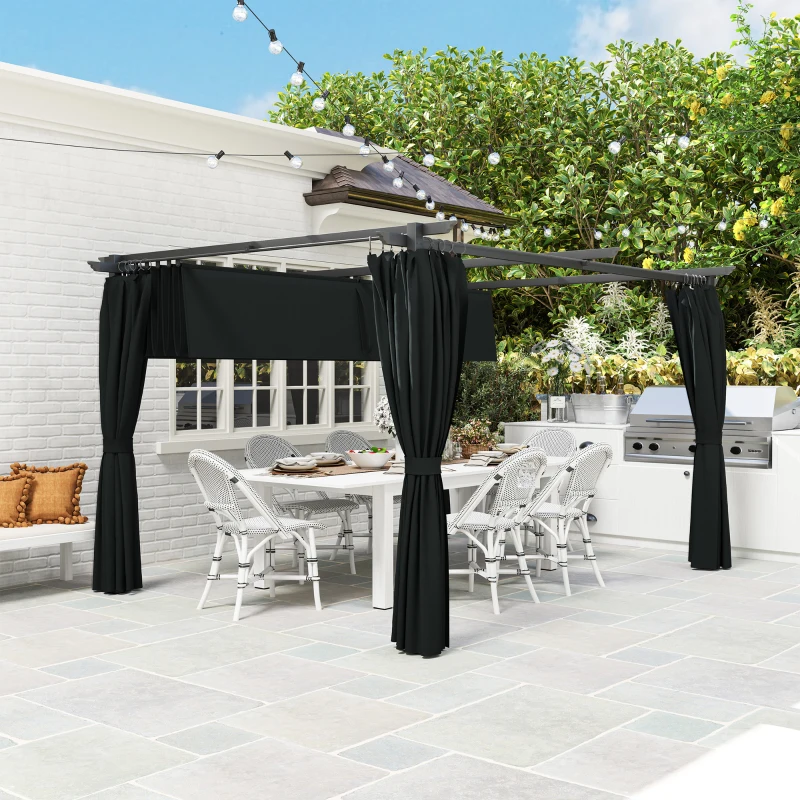 Outsunny Pérgola con Techo Retráctil 4x3 m Cenador con Paredes Laterales Anti-UV Resistente al Agua para Jardín Patio Gris Oscuro