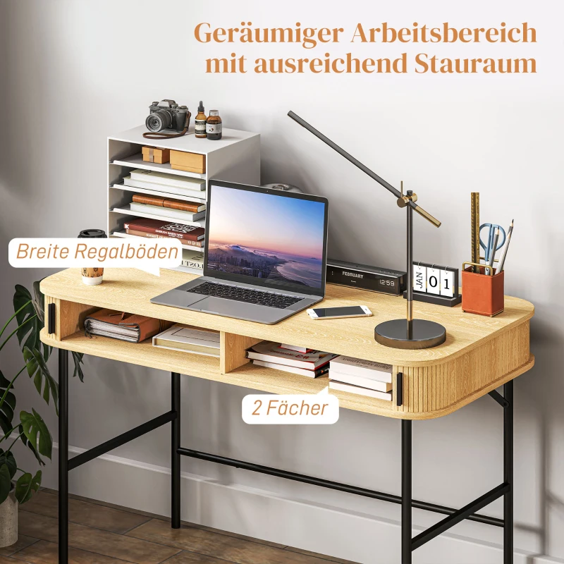 HOMCOM Schreibtisch, Retrostil, Lamellendekor, Staufächer, Stahlbeine, 120 x 60 x 76,5 cm, Eiche/Schwarz