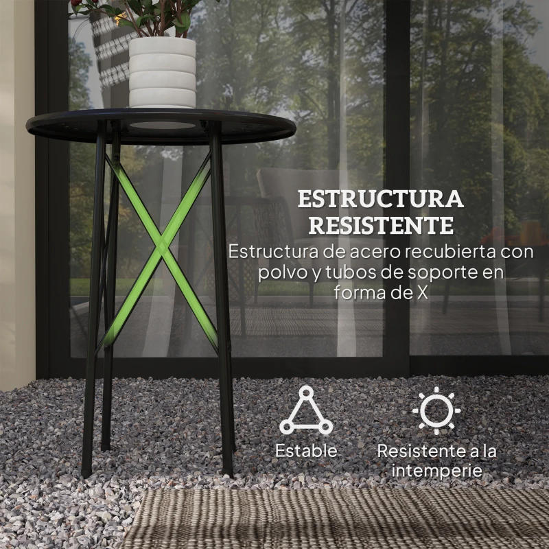 Outsunny Mesa de Jardín Redonda de Acero con Diseño de Flores y Hojas Patas Ajustables y Estructura en Forma de X Ø40x50cm Negro
