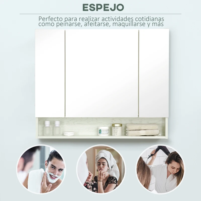 kleankin Armario de Baño con Espejo 3 Puertas Estante Ajustable y Compartimento 90x15x75 cm Blanco