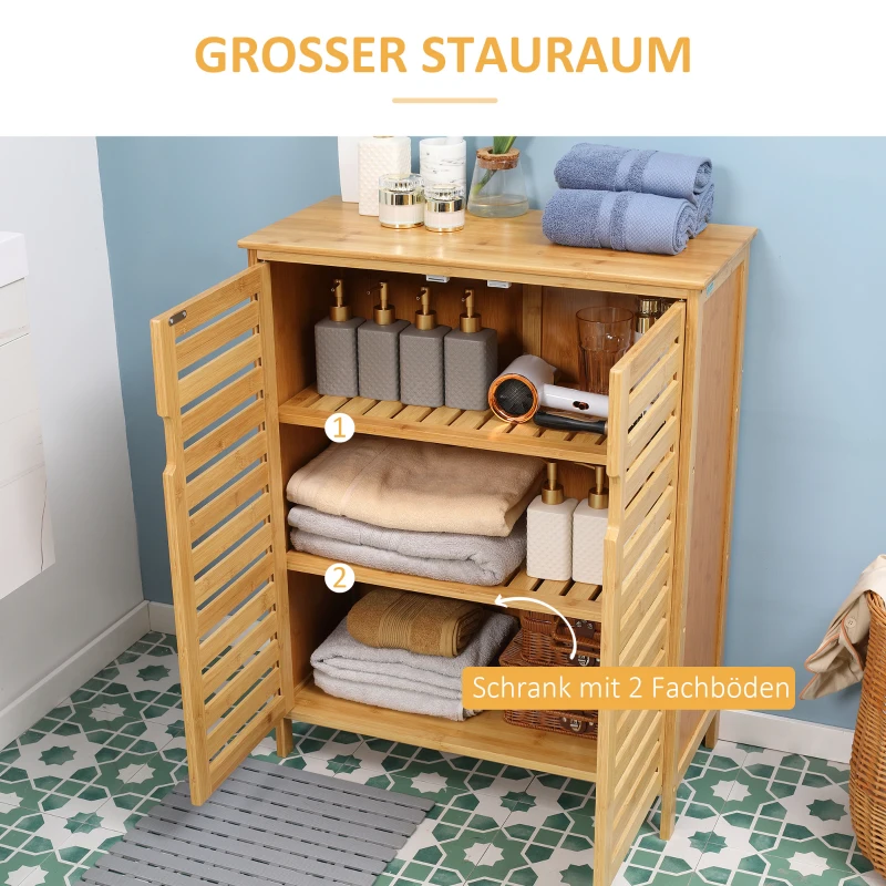 kleankin Badezimmerschrank, Bambusschrank mit Lamellendesign für Badezimmer, Flur, kompakte Größe, viel Stauraum, Naturholz(m-4)