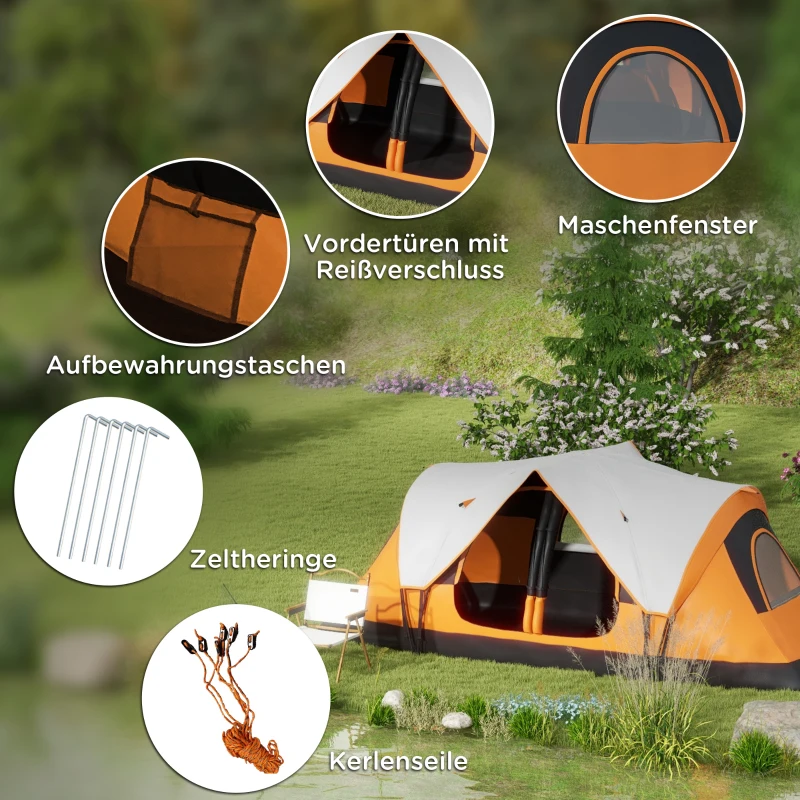 Outsunny Campingzelt, 2 Räume, Trennwand, für 6-8 Personen, Regenschutz, Orange(m-8)