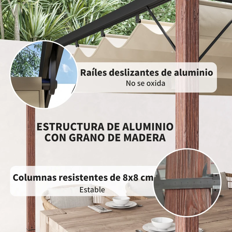 Outsunny Pérgola de Jardín 4x3 m con Techo Retráctil y Marco de Aluminio con Acabado Madera UPF30+ para Patio Terraza Porche