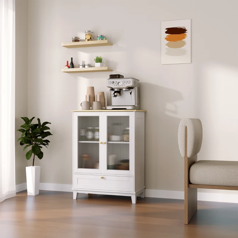 HOMCOM Aparador de Salón con Cajón y Estante Ajustable Aparador de 2 Puertas de Vidrio 68x35x85 cm Blanco y Roble
