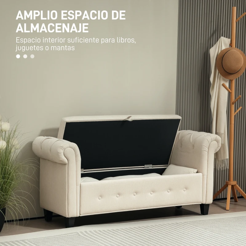 HOMCOM Banqueta de Almacenaje con Reposabrazos Enrollados para Dormitorio Salón Pasillo 146,5x49x74,5 cm Beige(m-4)