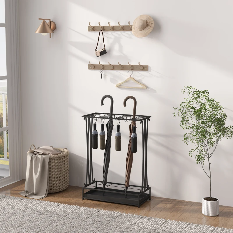 HOMCOM Paragüero Moderno de Acero con 21 Espacios y 24 Ganchos Bandeja Recogegotas Extraíble para Entrada 50x24x68 cm Negro