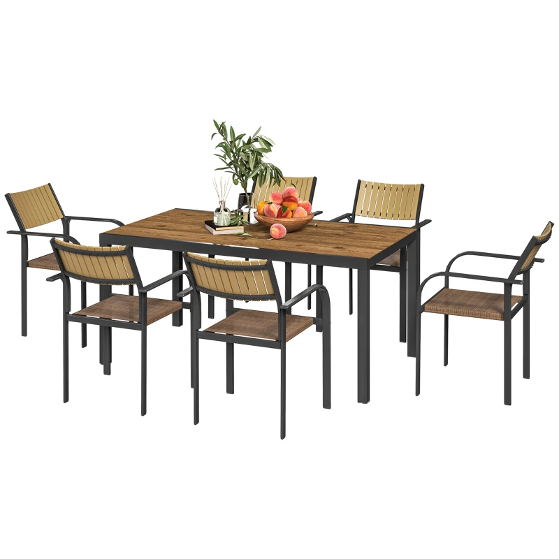 Outsunny Set Tavolo da Giardino Allungabile con 6 Sedie da Esterno Impilabili, Acciaio e Textilene, Marrone