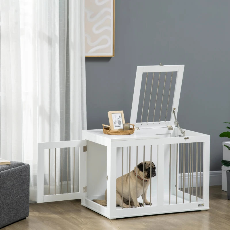 PawHut Jaula para Perros Medianos con 2 Puertas con Pestillo Estructura de Acero Inoxidable 80x50x56,5 cm Blanco
