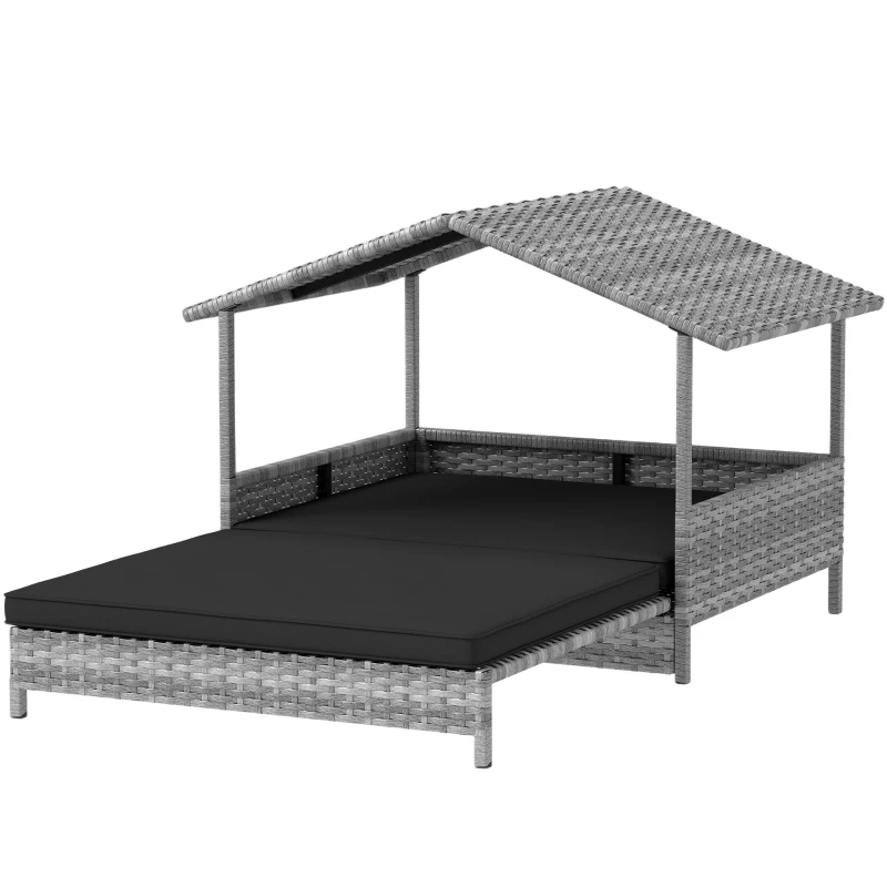 PawHut Extendable Elevated Dog Bed, Rattan Dog House, with Water-Resistant Roof, Removable Cushion, Charcoal Grey