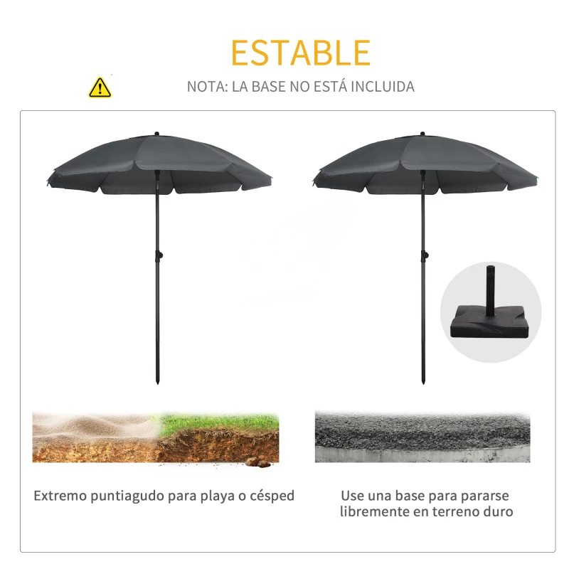 Outsunny Sombrilla de Playa con Protección UV50+ Mástil de Ø32 mm y Toldo Ajustable Ø180x209 cm Gris Oscuro