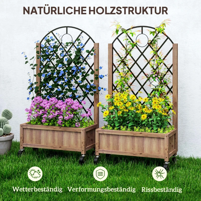 Outsunny 2er Set Hochbeet Pflanzkasten mit Rolle, Rankgitter, Spalier Pflanzkübel Blumenkasten Holz 52x25x97cm Braun