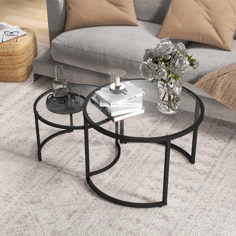 HOMCOM Zestaw Stolików Pomocniczych, 2 Stoliki, Ø70 & Ø54 cm, Hartowane szkło, Czarna metalowa ram