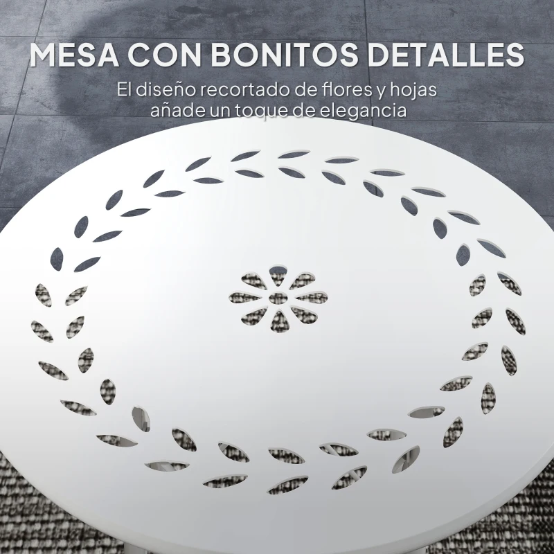 Outsunny Mesa de Jardín Redonda de Acero con Diseño de Flores y Hojas Patas Ajustables y Estructura en Forma de X Ø40x50cm Blanco