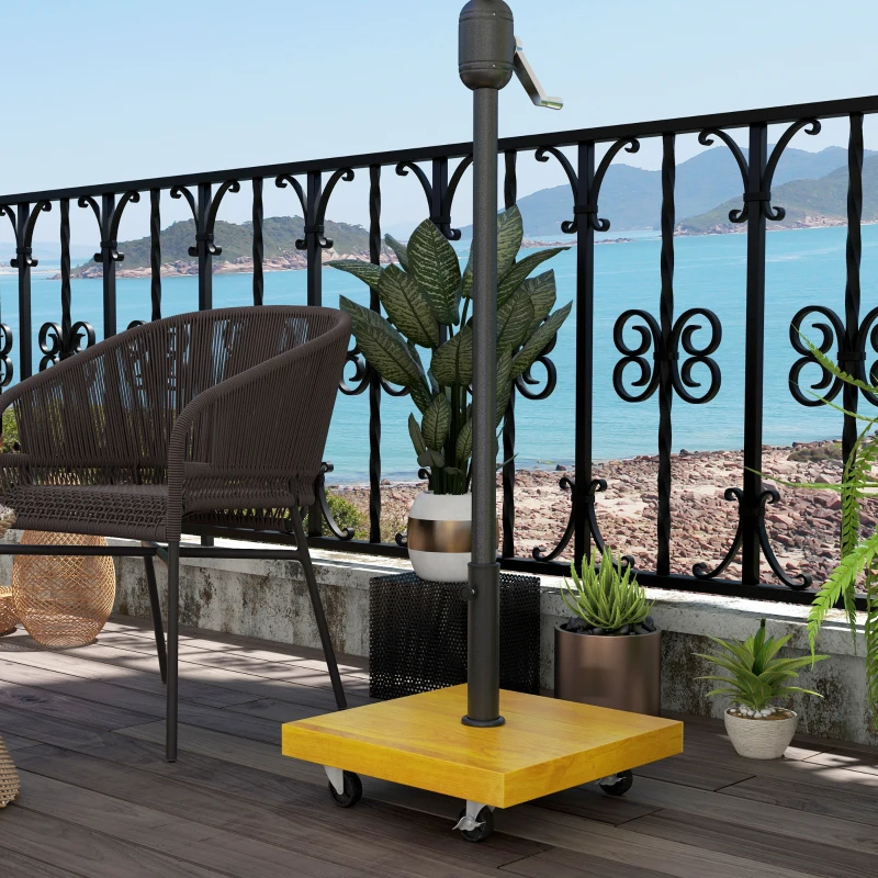 Outsunny Base per Ombrellone da 25kg in Metallo e Cemento con Ruote ed Effetto Legno, 45x45x36.5cm, Giallo