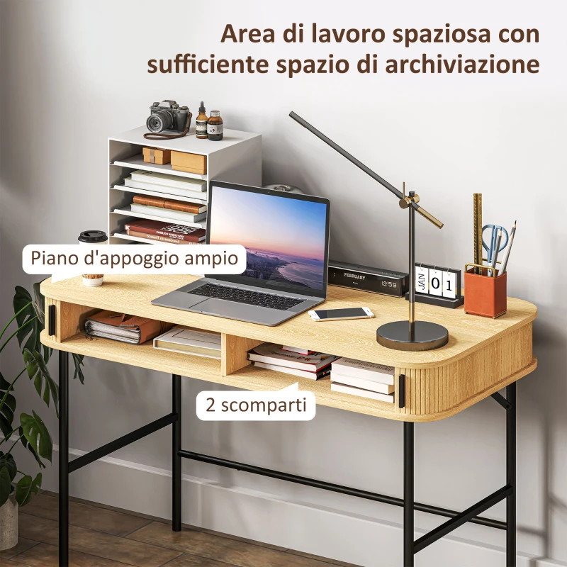 HOMCOM Scrivania per Camera e Ufficio con Ante Scanalate, Legno e Acciaio 120x60x76.5cm, Rovere e Nero