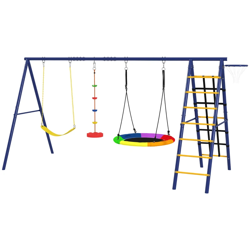 AIYAPLAY 6 in 1 Metal Kids Swing Set with 3 Swings, Climbing Ladder & Net, Basketball Hoop, for Ages 3-8