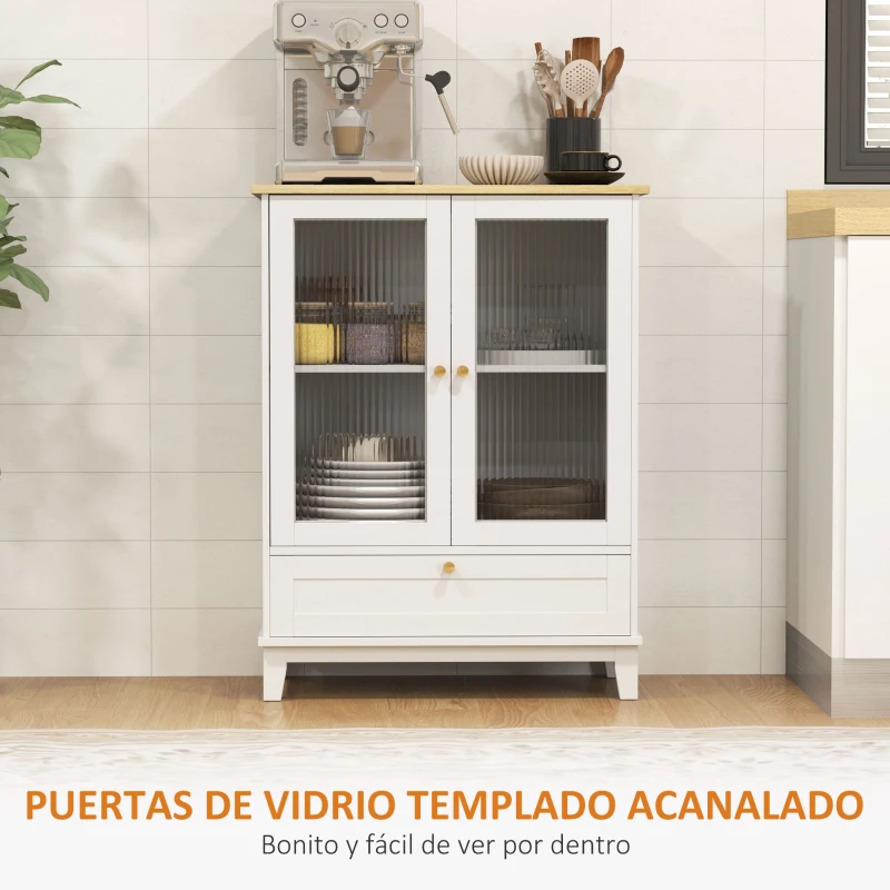 HOMCOM Aparador de Salón con Cajón y Estante Ajustable Aparador de 2 Puertas de Vidrio 68x35x85 cm Blanco y Roble