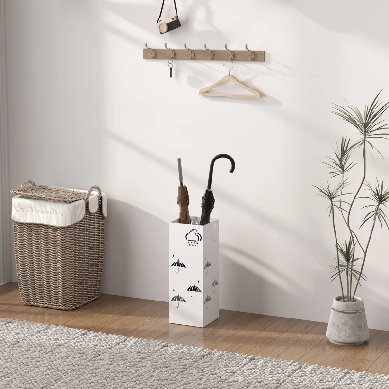 HOMCOM Paragüero de Acero con Bandeja Recoge Gotas Ganchos para Paraguas Plegables y Diseño Decorativo 15,5x15,5x41 cm Blanco