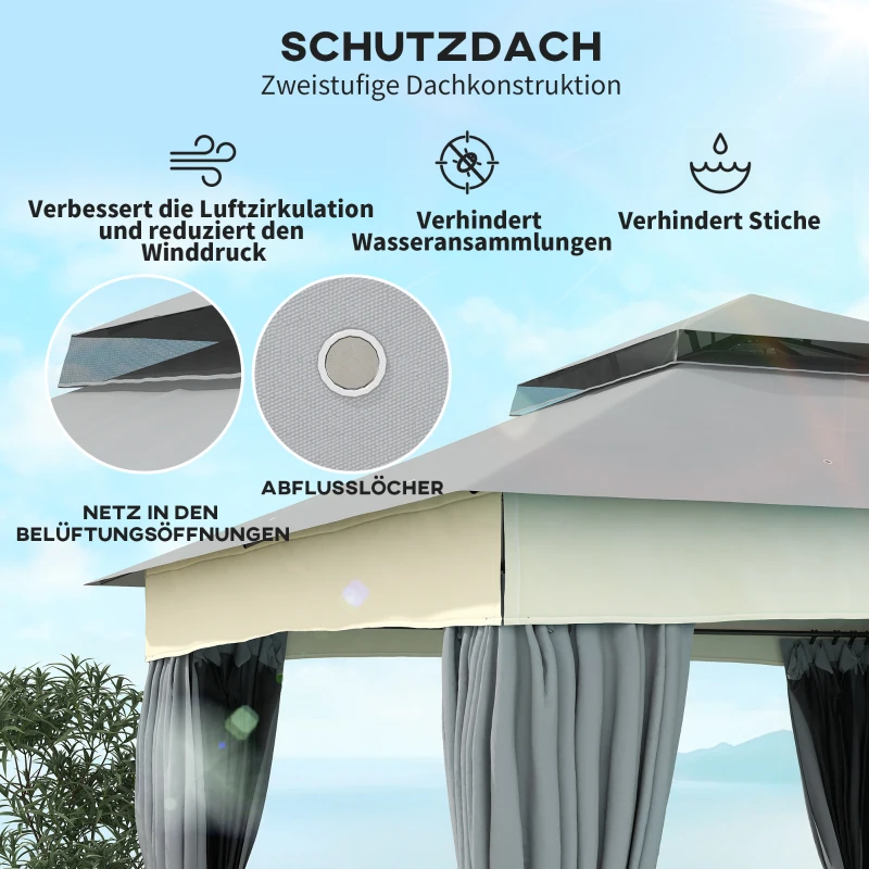 Outsunny Pavillon mit Doppeldach, 3x3 m Wasserabweisend Stabil Winterfest Gartenpavillon aus Metall Dunkelgrau