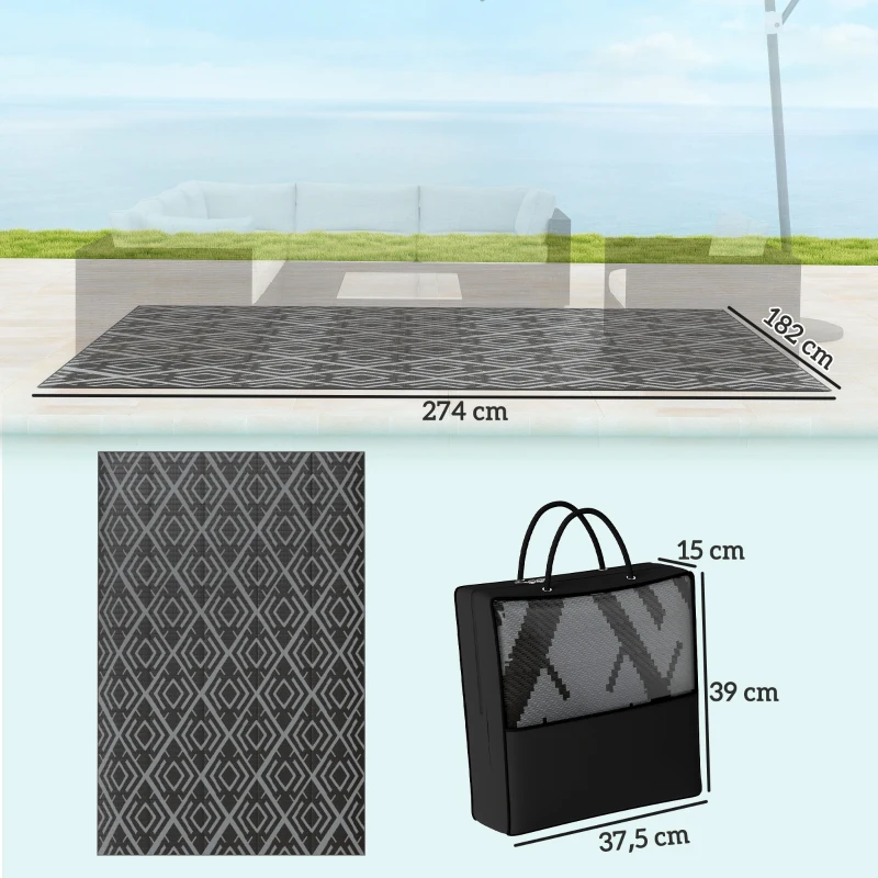 Outsunny Alfombra de Exterior Reversible 182x274 cm con Patrón Geométrico de Rombos Impermeable Bolsa de Transporte Negro
