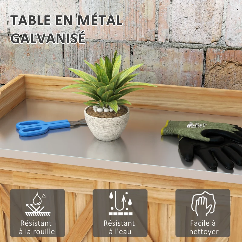 Outsunny Table de rempotage armoire de rangement avec 2 étagères, plateau galvanisé patins antidérapants en bois sapin