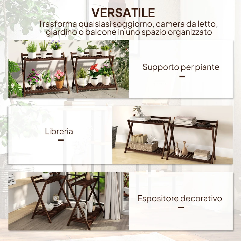 Outsunny Set 2 Portapiante a 2 Livelli con Design a Doghe in Legno di Abete, 73x36x64 cm, Marrone Bruciato
