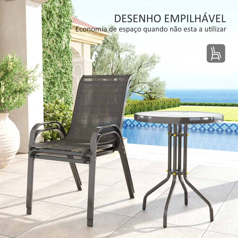 Outsunny Conjunto de Mesa e Cadeiras de Jardim de 3 Peças Móveis de Jardim com Cadeiras Empilháveis e Bancada de Vidro Preto