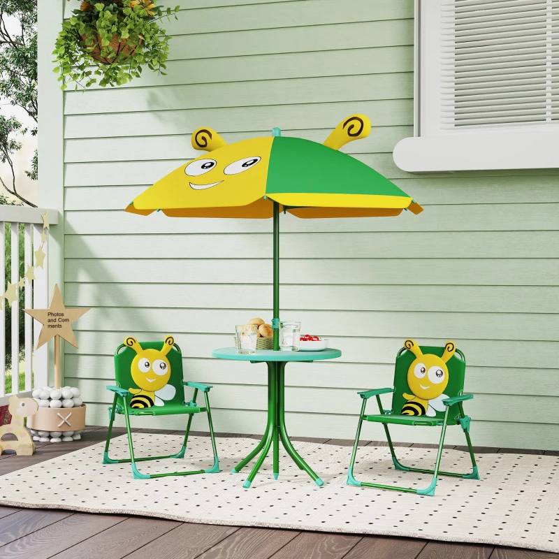AIYAPLAY Tuinmeubelset voor Kinderen, Stoelen, Tafel, Parasol met Bijenontwerp, Groen+Geel