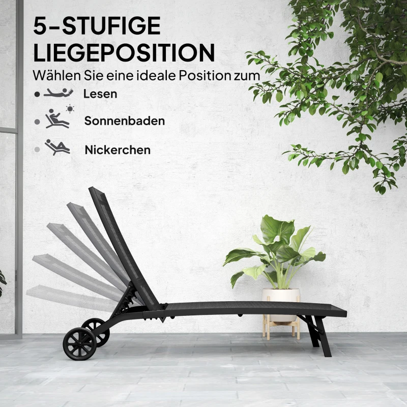 Outsunny Sonnenliege, 5-stufig verstellbare Rücklehne, atmungsaktiver Stoff, Aluminiumrahmen, Schwarz, 195 x 66 x 34 cm