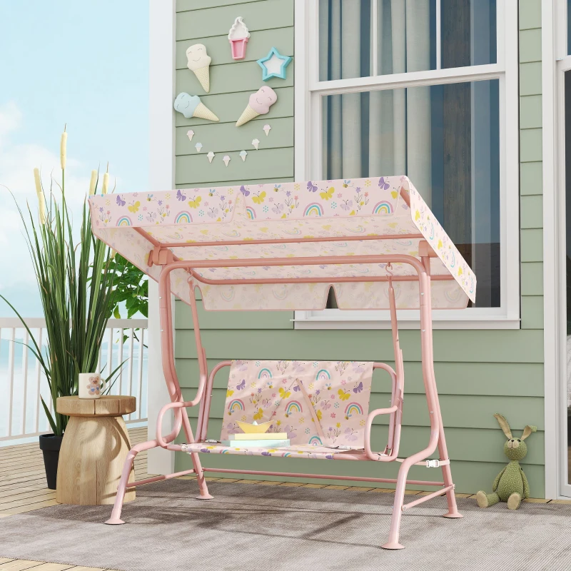 AIYAPLAY Huśtawka Ogrodowa dla Dzieci, Ramka Stalowa, 2-osobowa, Nośność 60 kg, Różowa