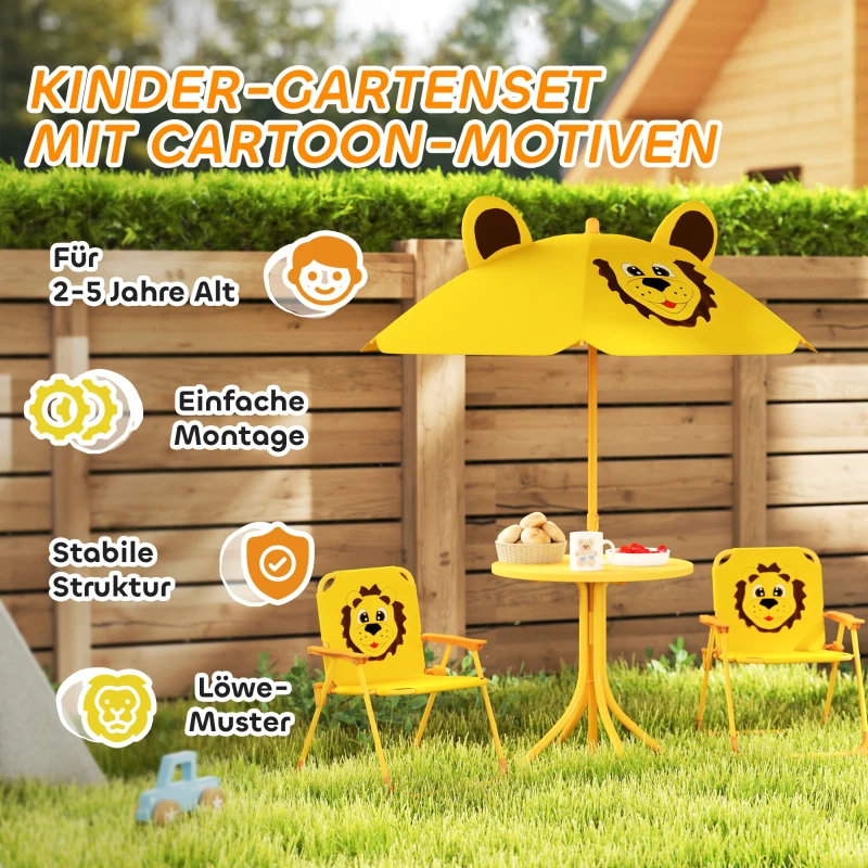 AIYAPLAY Gartenmöbel-Set für Kinder, Stühle, Tisch, Sonnenschirm, Löwen-Design, Gelb